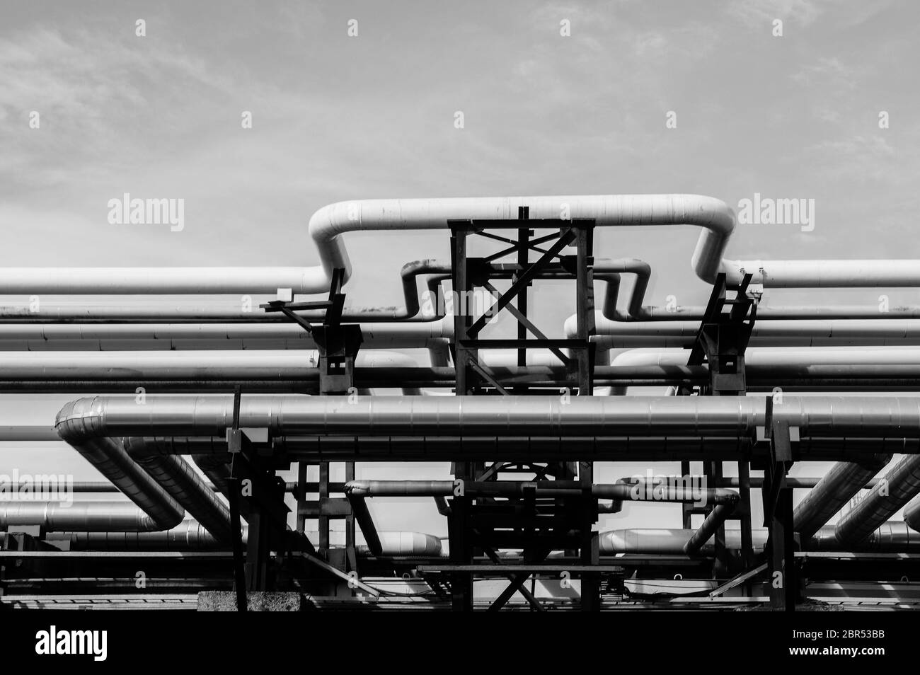 Pipeline and pipe rack of petroleum industrial plant. Offshore Industry oil and gas production