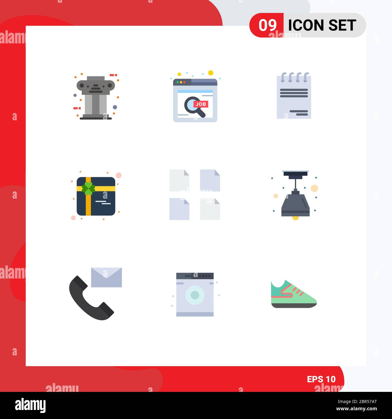 Mobile Interface Flat Color Set of 9 Pictograms of files, present, online job, shopping, signature Editable Vector Design Elements Stock Vector