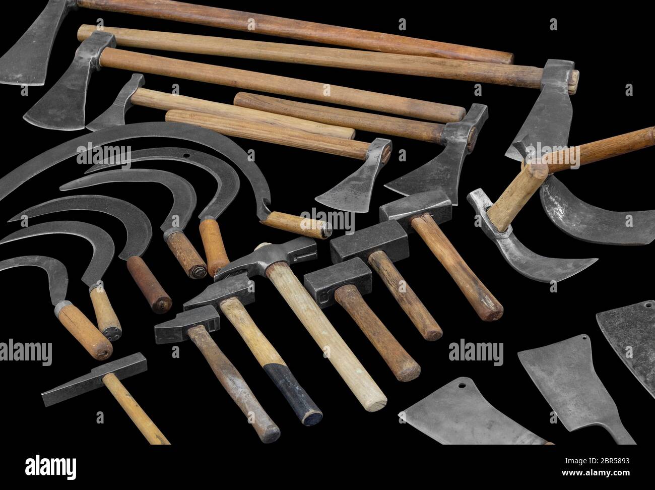 high angle shot of various old tools in black back Stock Photo