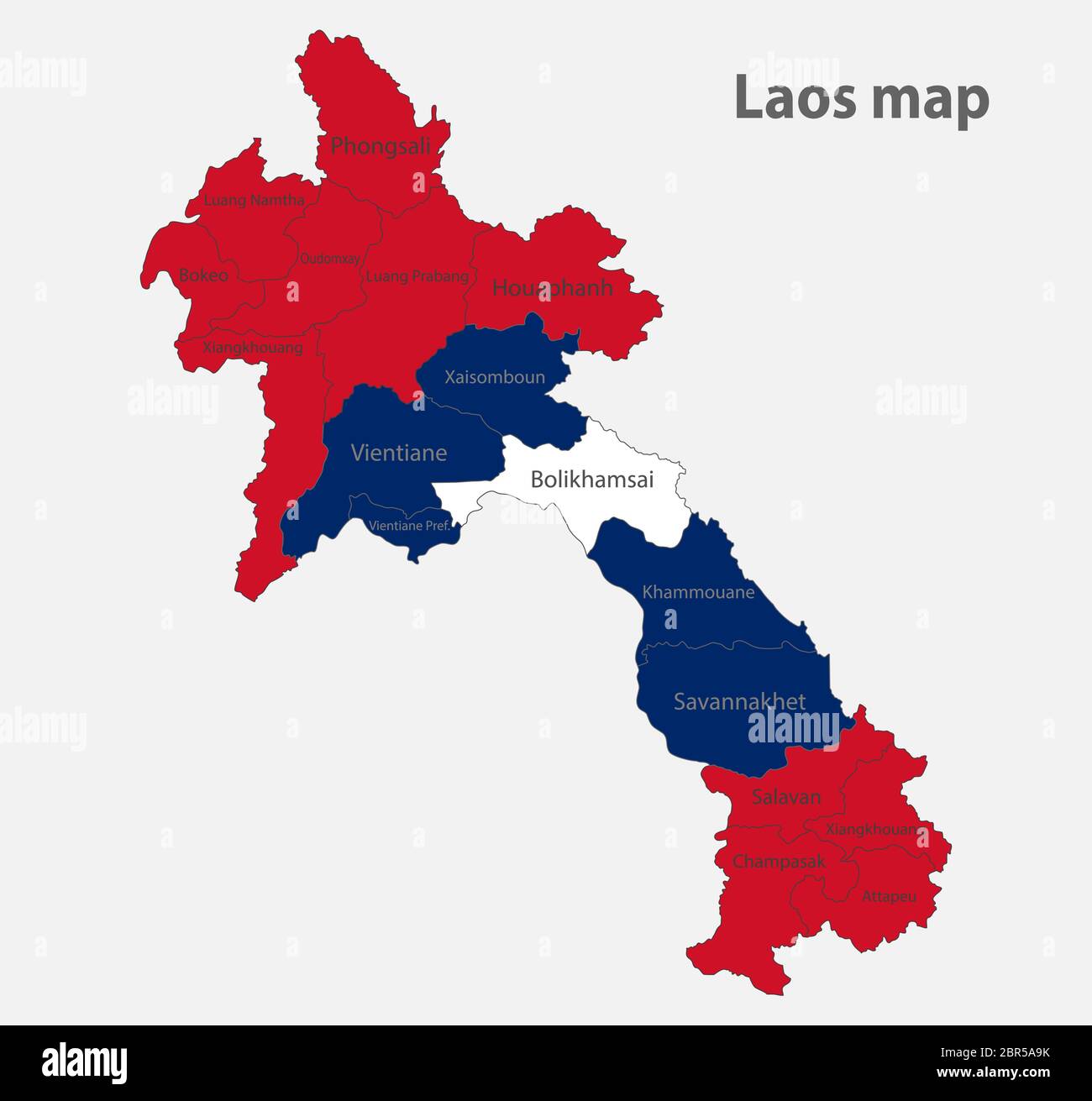 Map of the Laos in the colors of the flag with administrative divisions  vector Stock Vector Image & Art - Alamy