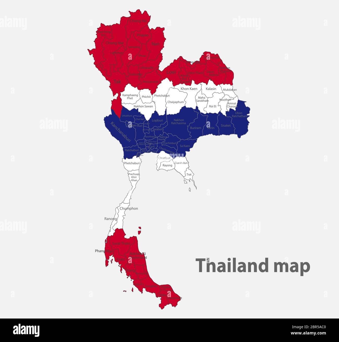 Map of the Thailand in the colors of the flag with administrative
