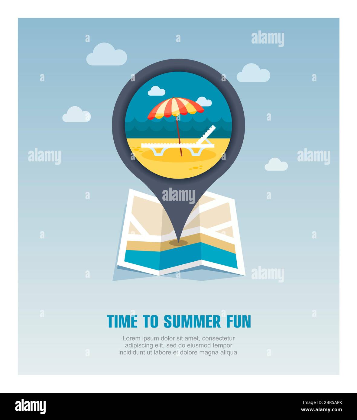 Beach chaise lounge with umbrella vector pin map icon. Map pointer ...