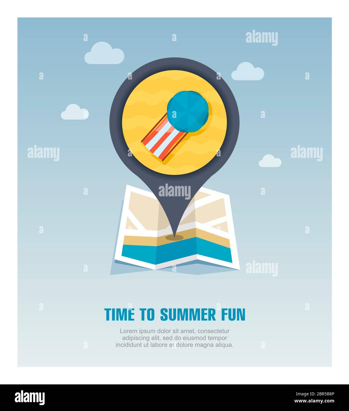 Beach chaise lounge with umbrella vector pin map icon. Map pointer ...