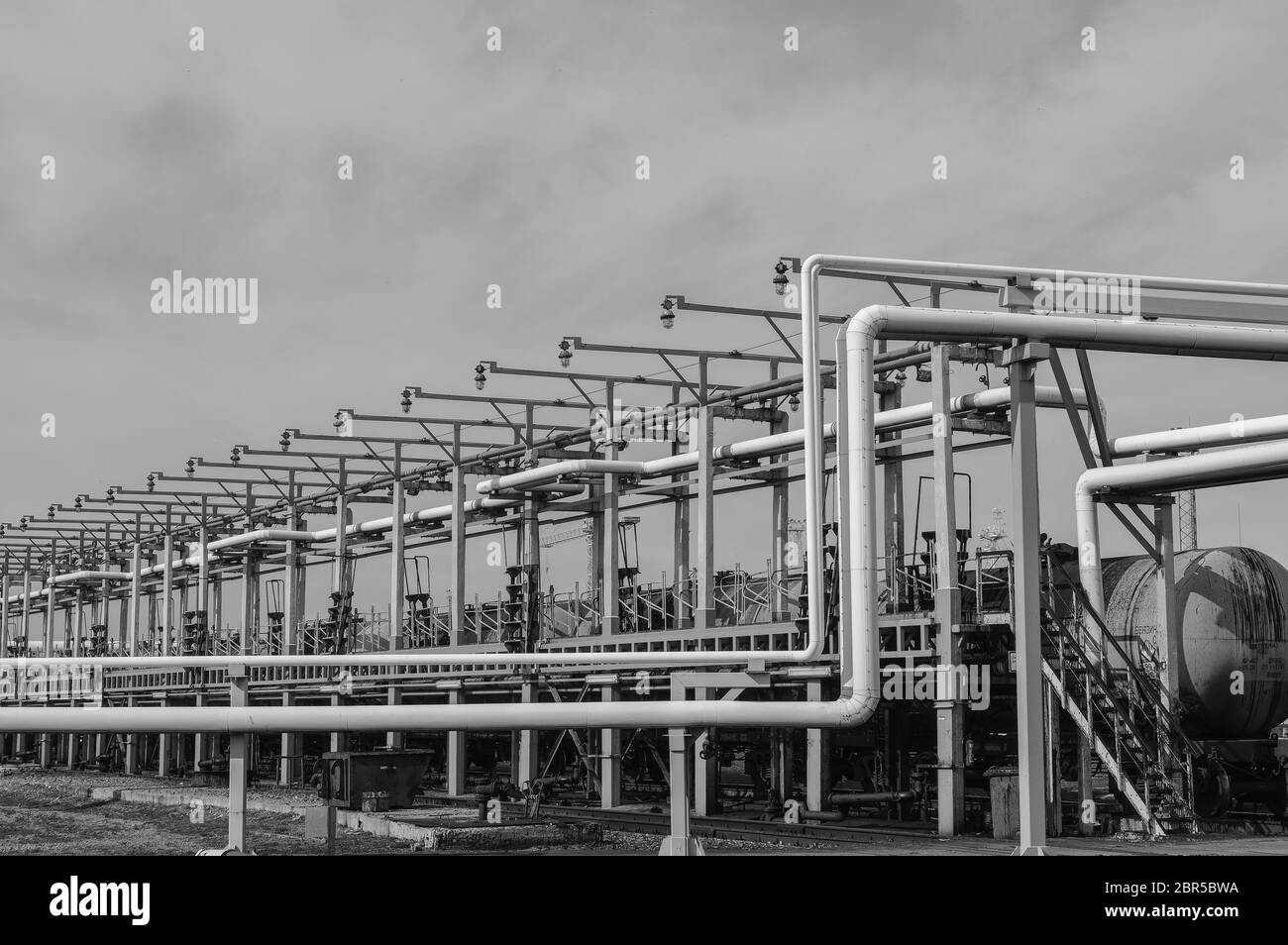 Pipeline and pipe rack of petroleum industrial plant. Offshore Industry oil and gas production