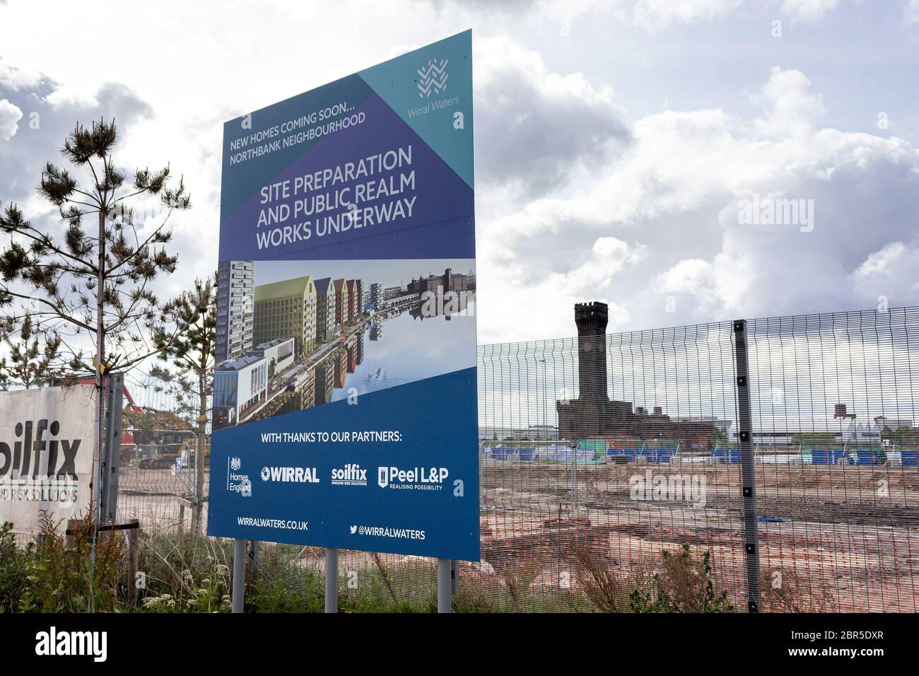 Wirral Waters construction site sign, Birkenhead. £4.5 bn development project by the Peel group around Birkenhead Docks Stock Photo