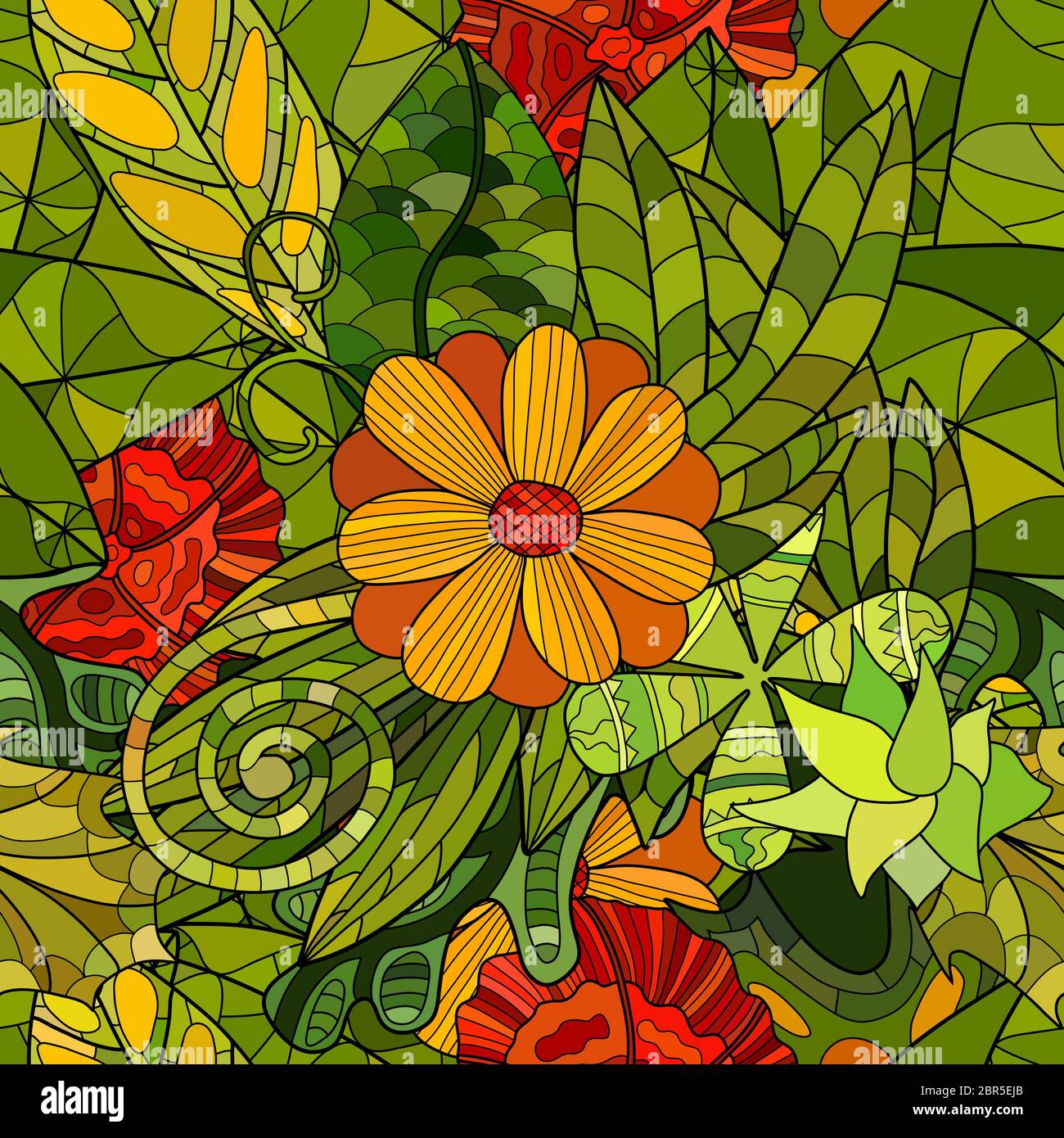 hand drawn floral seamless pattern with leaves and flowers Stock Photo ...
