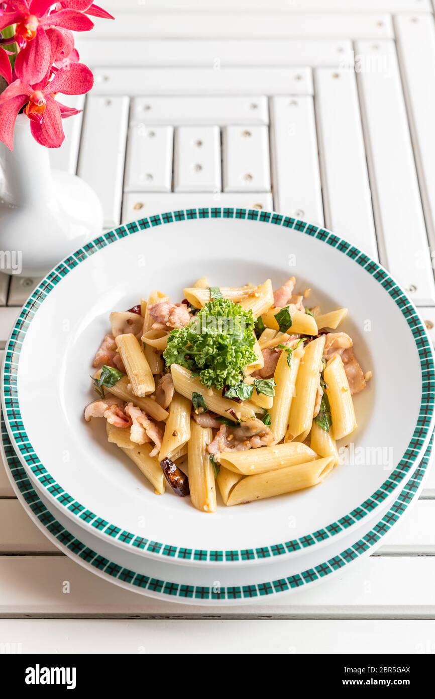 Bacon Aglio olio pasta with garlic and chilli Stock Photo Alamy