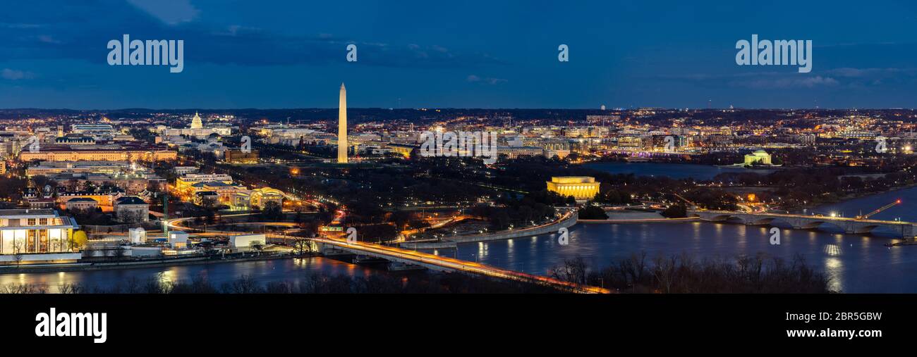 Panorama Aerial view of Washington DC cityscape from Arlington Virginia USA. Stock Photo
