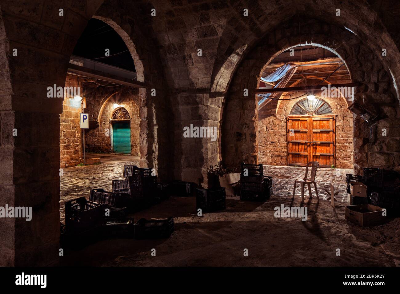 Beautiful old arabic style souk, vintage bazaar at night, no people, traditional ancient Arabic architecture, retail store, tourists attraction, Leban Stock Photo