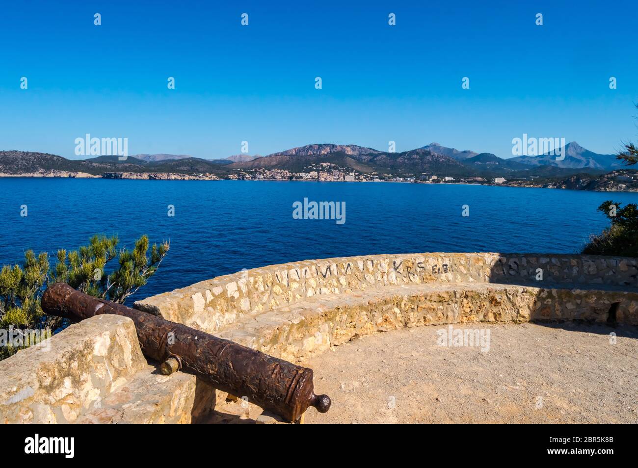 Old cannon cannon overhang the marine reserve of the Malgrats Islands northwest of the island of Palma de Mallorca Stock Photo