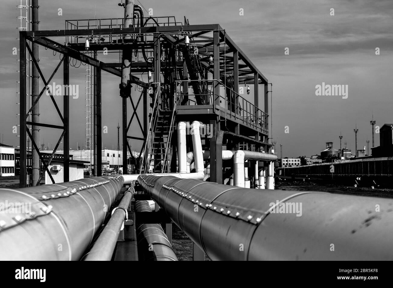 Pipeline and pipe rack of petroleum industrial plant. Offshore Industry oil and gas production