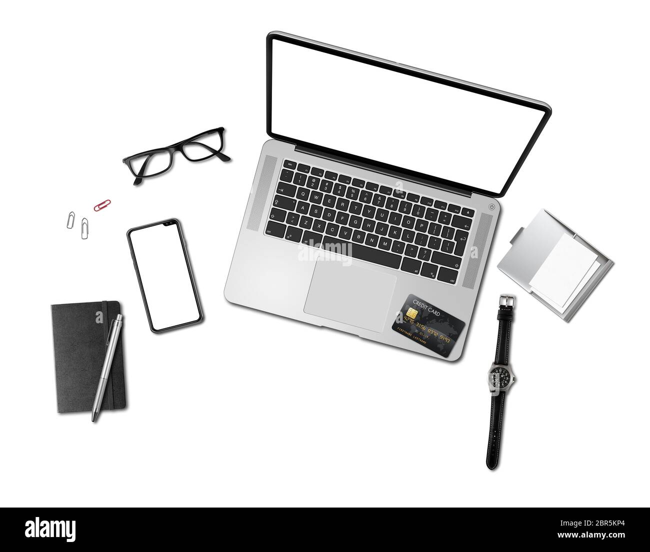 Modern office desk mockup top view isolated on white Stock Photo