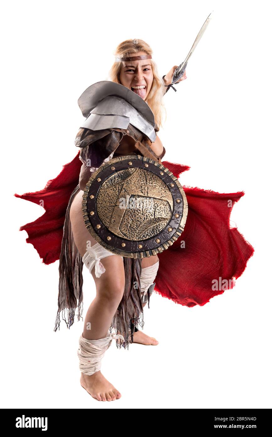 Ancient woman warrior or Gladiator posing with sword and shield ...