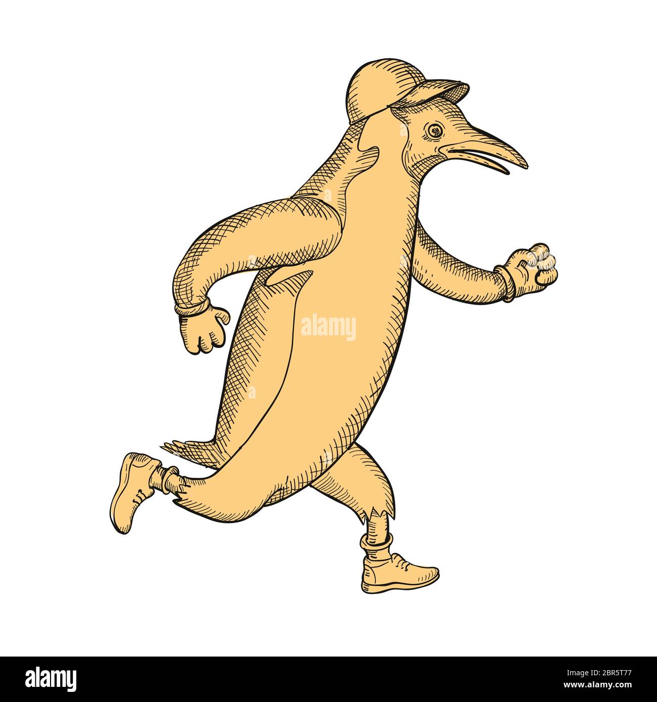Drawing sketch style illustration of a gentoo penguin marathon runner