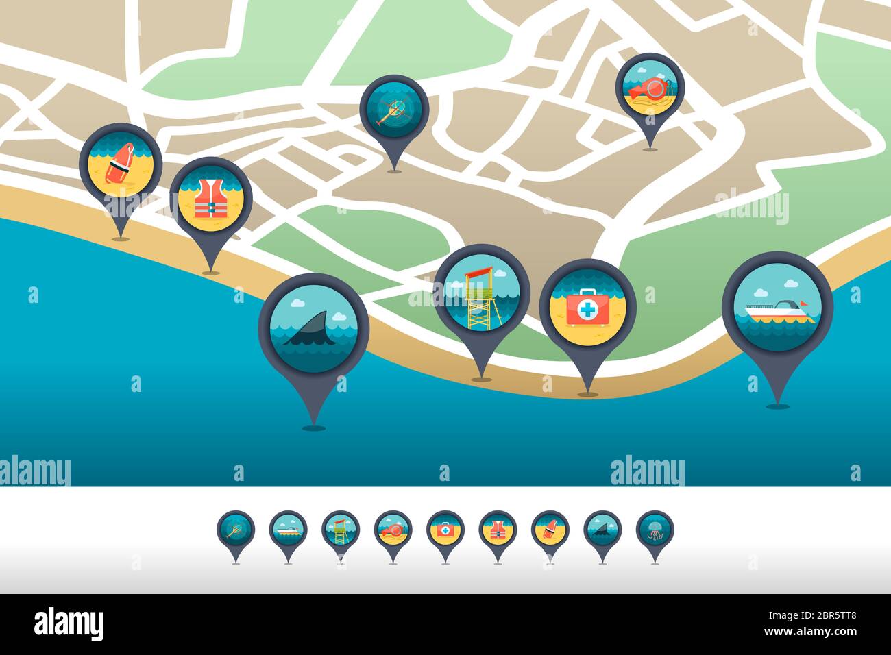 Lifeguard beach safety vector pin map icon located on the map. Summer ...
