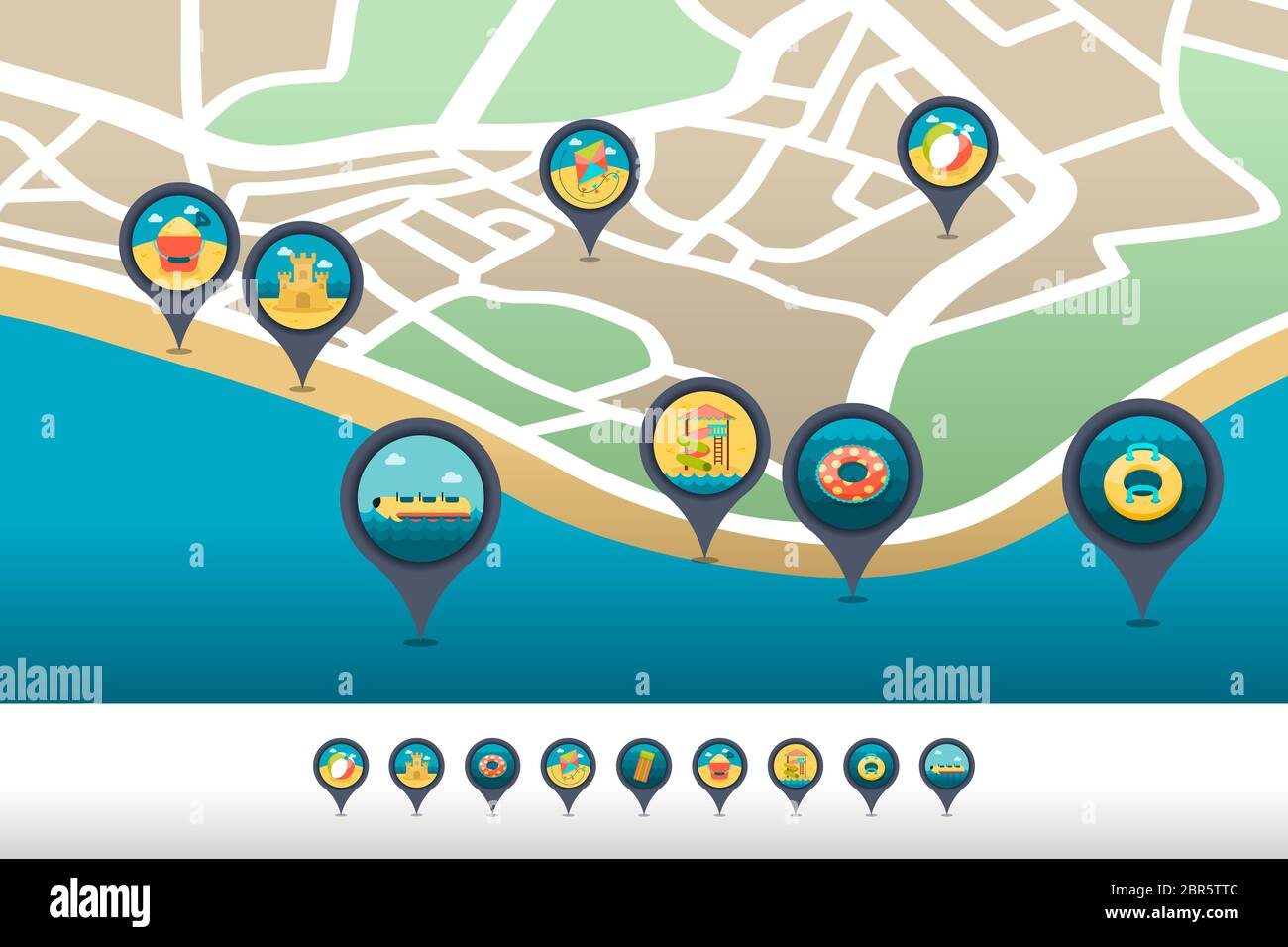 Beach entertainment vector pin map icon located on map. Summer time Map ...