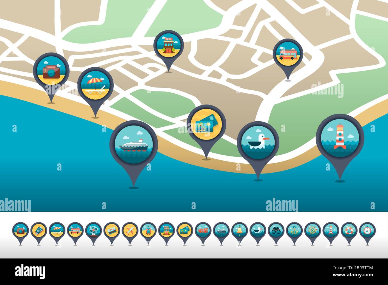 Traveling vector pin map icon located on the map. Summer time Map ...