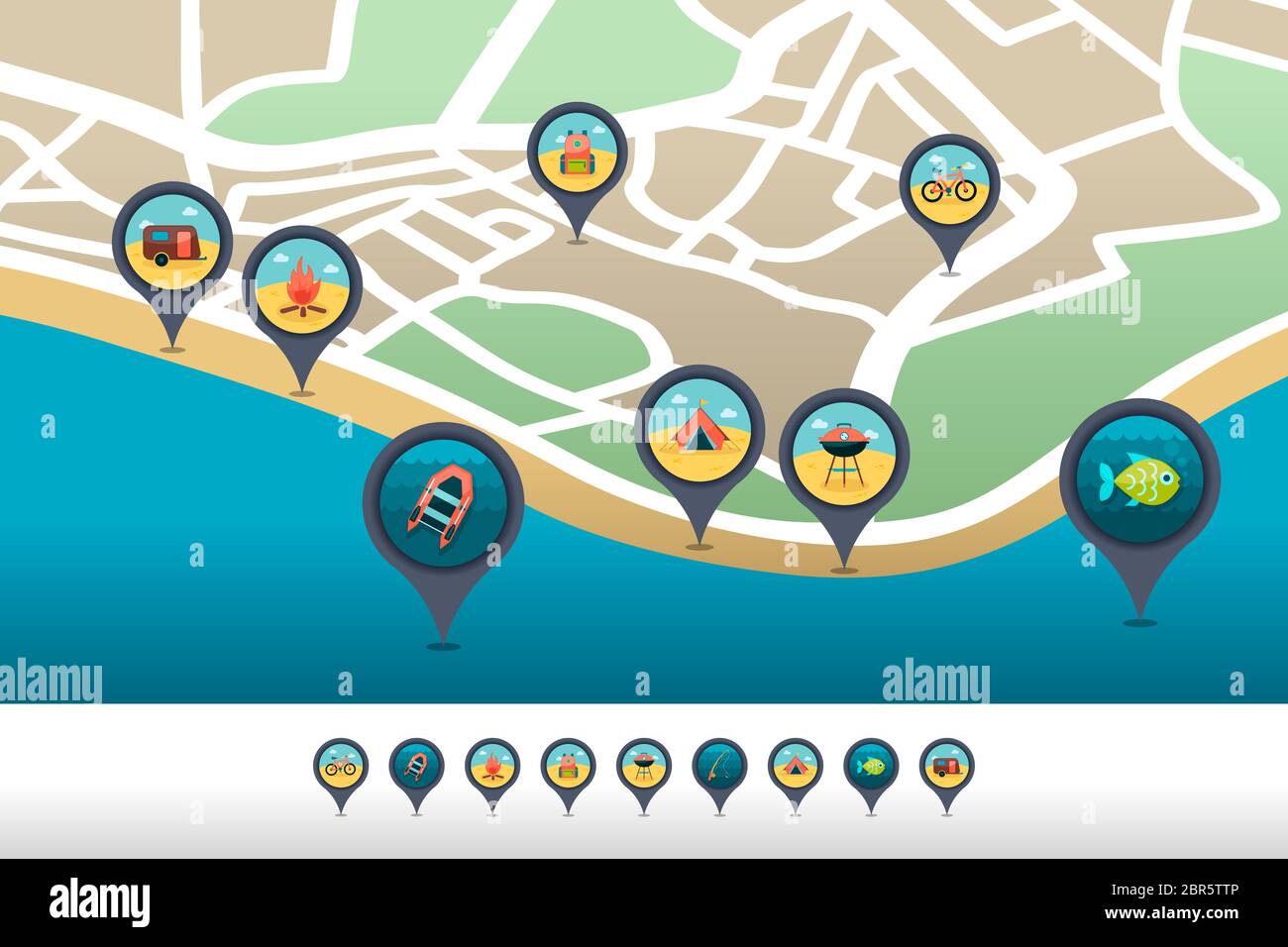 Summer camping vector pin map icon located on the map. Summer time Map ...