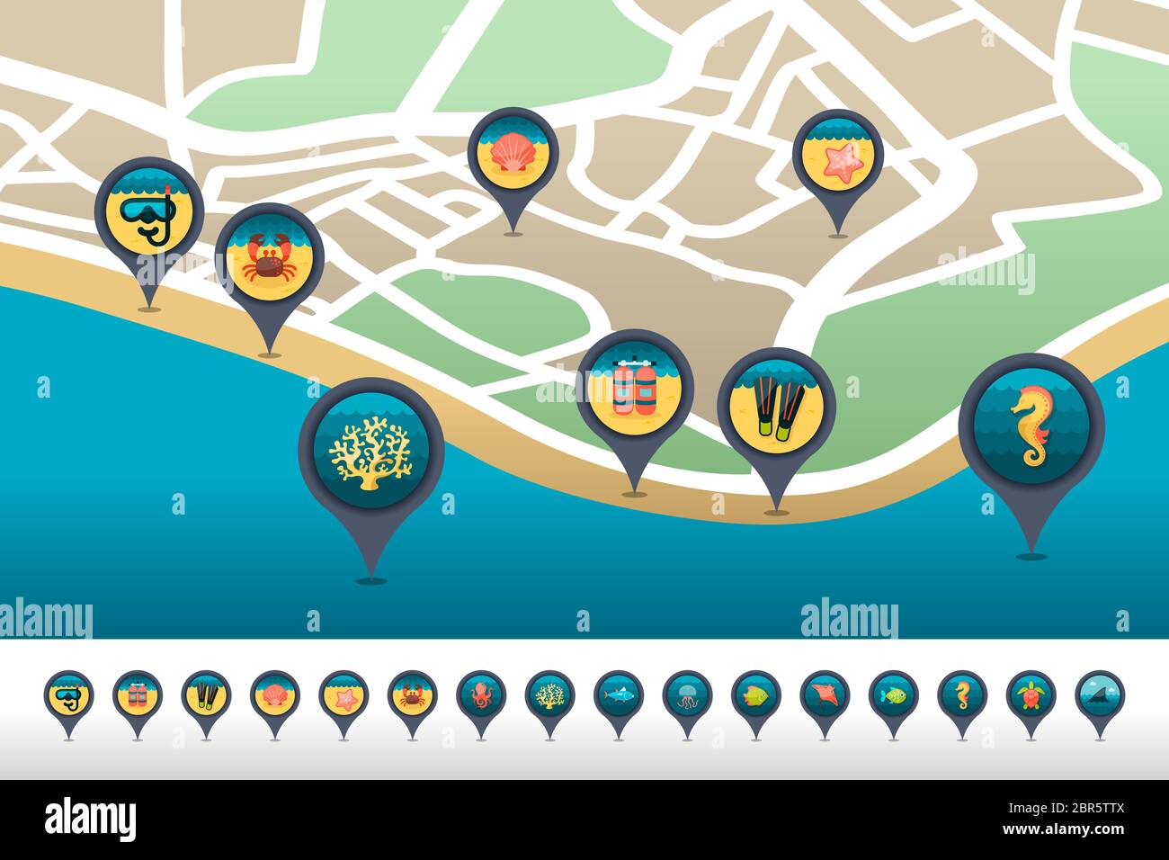 Diving vector pin map icon located on the map. Summer time Map pointer ...