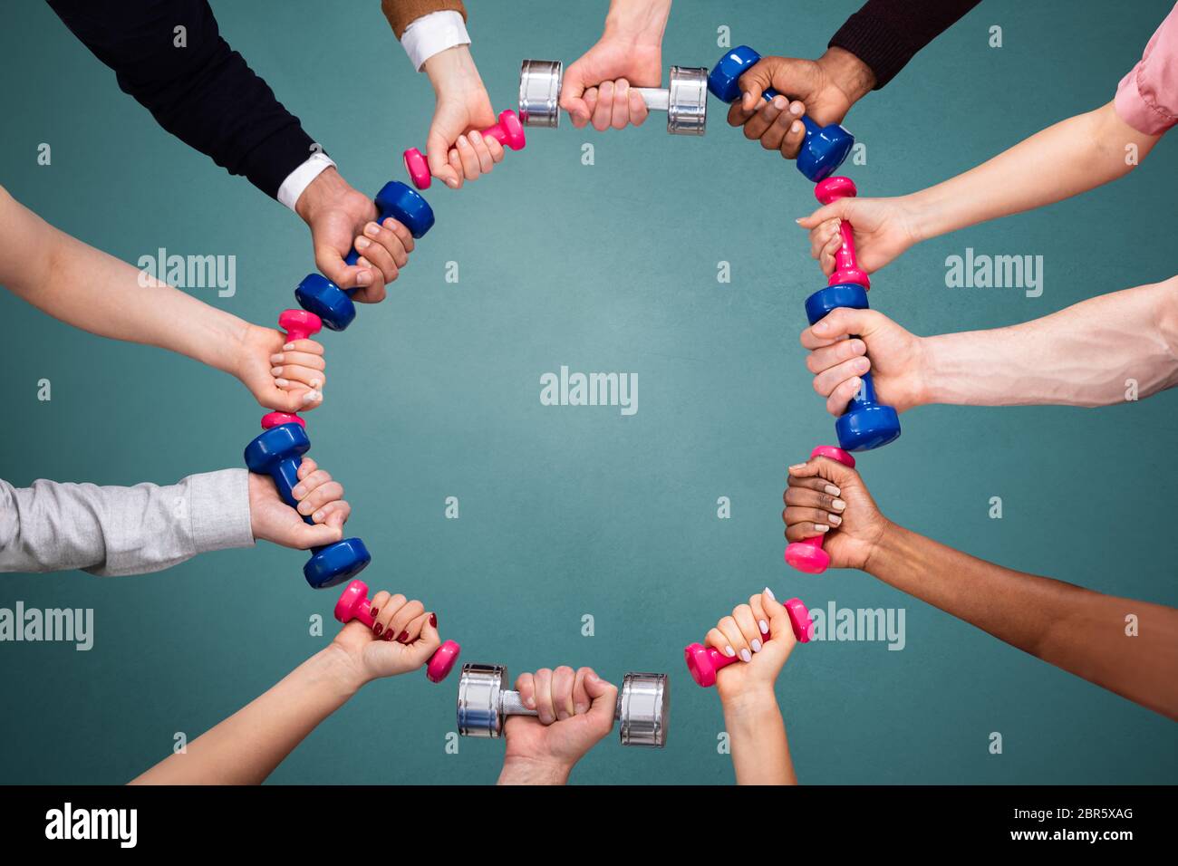 Group Of People's Hand Making Circular Shape With Colorful Dumbbells Above Green Background Stock Photo