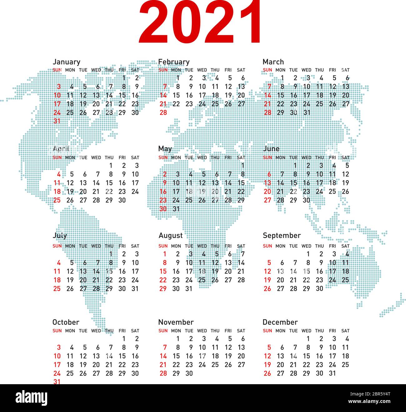 Calendar 2021 With World Map Week Starts On Sunday Stock Vector Image Art Alamy 2021 map calendar