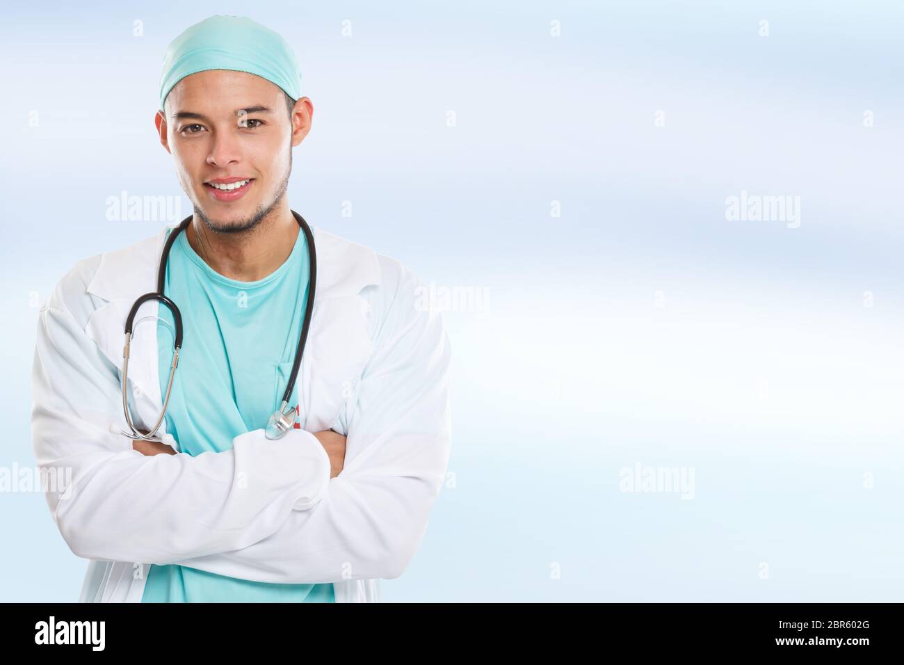Young doctor portrait occupation education latin man job doctor's overall copyspace copy space male Stock Photo