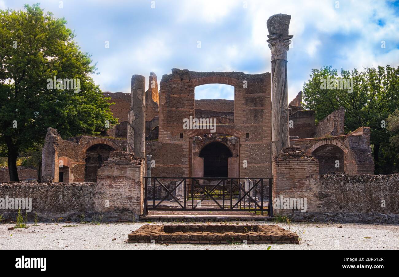 The Three Exedras building ruins of Villa Adriana or Hardrians Villa archaeological site of Unesco in Tivoli - Rome - Lazio - Italy . Stock Photo