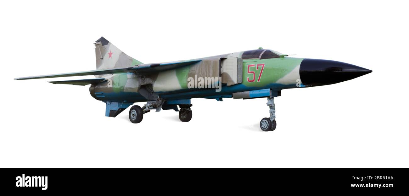 Soviet supersonic fighter-bomber Mig-23, built in the sixties. Isolated on white Stock Photo