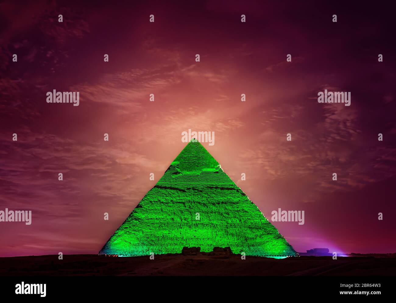 Illuminated pyramid of Khafre at night in Giza, Cairo Stock Photo