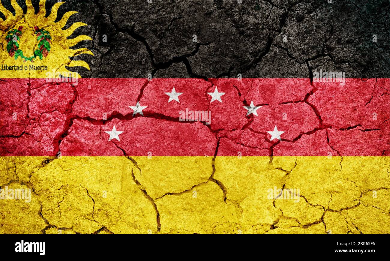 Miranda State flag, state of Venezuela, on dry earth ground texture background Stock Photo