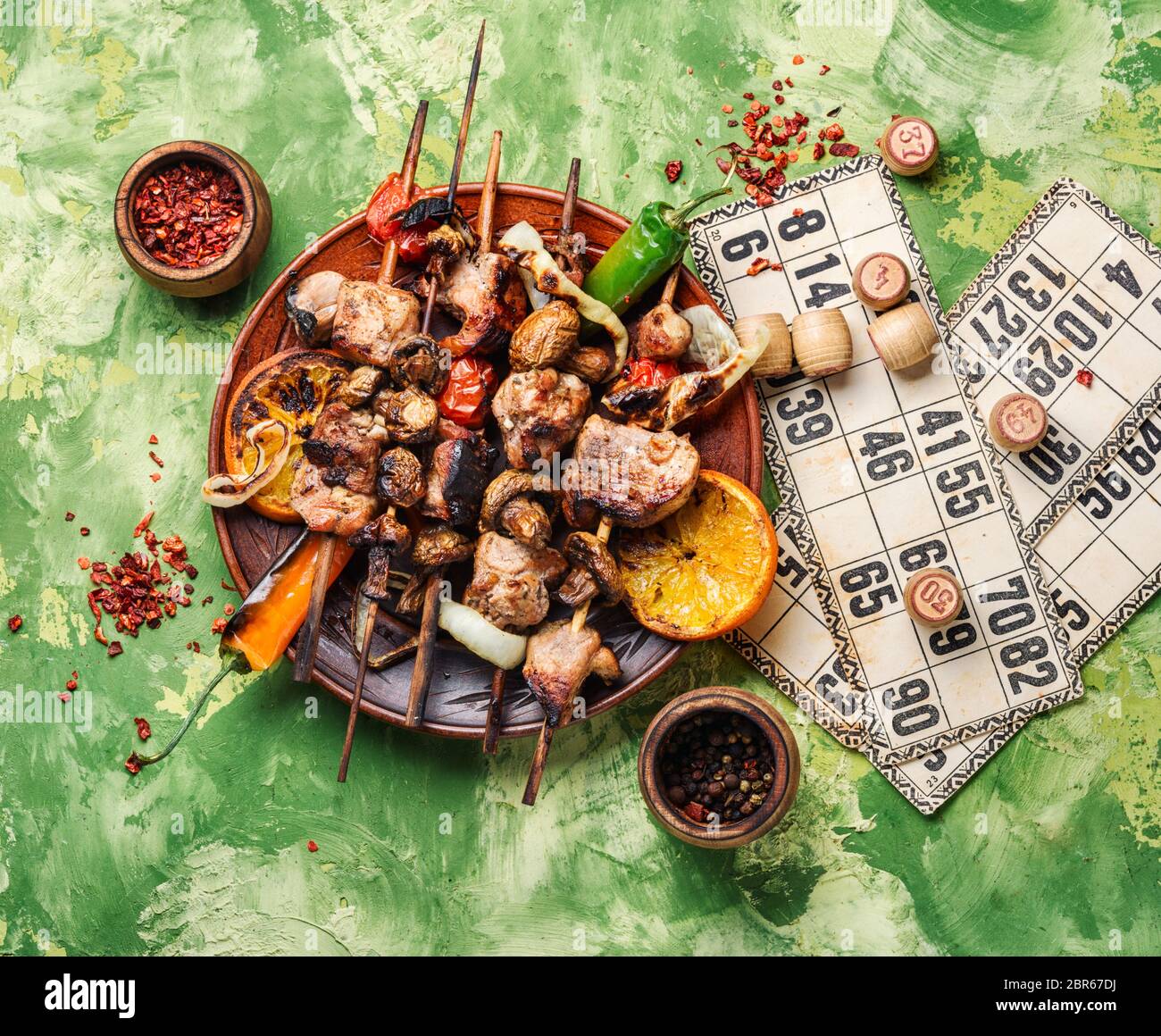 Summer picnic with kebab and lotto board game.Picnic concept Stock