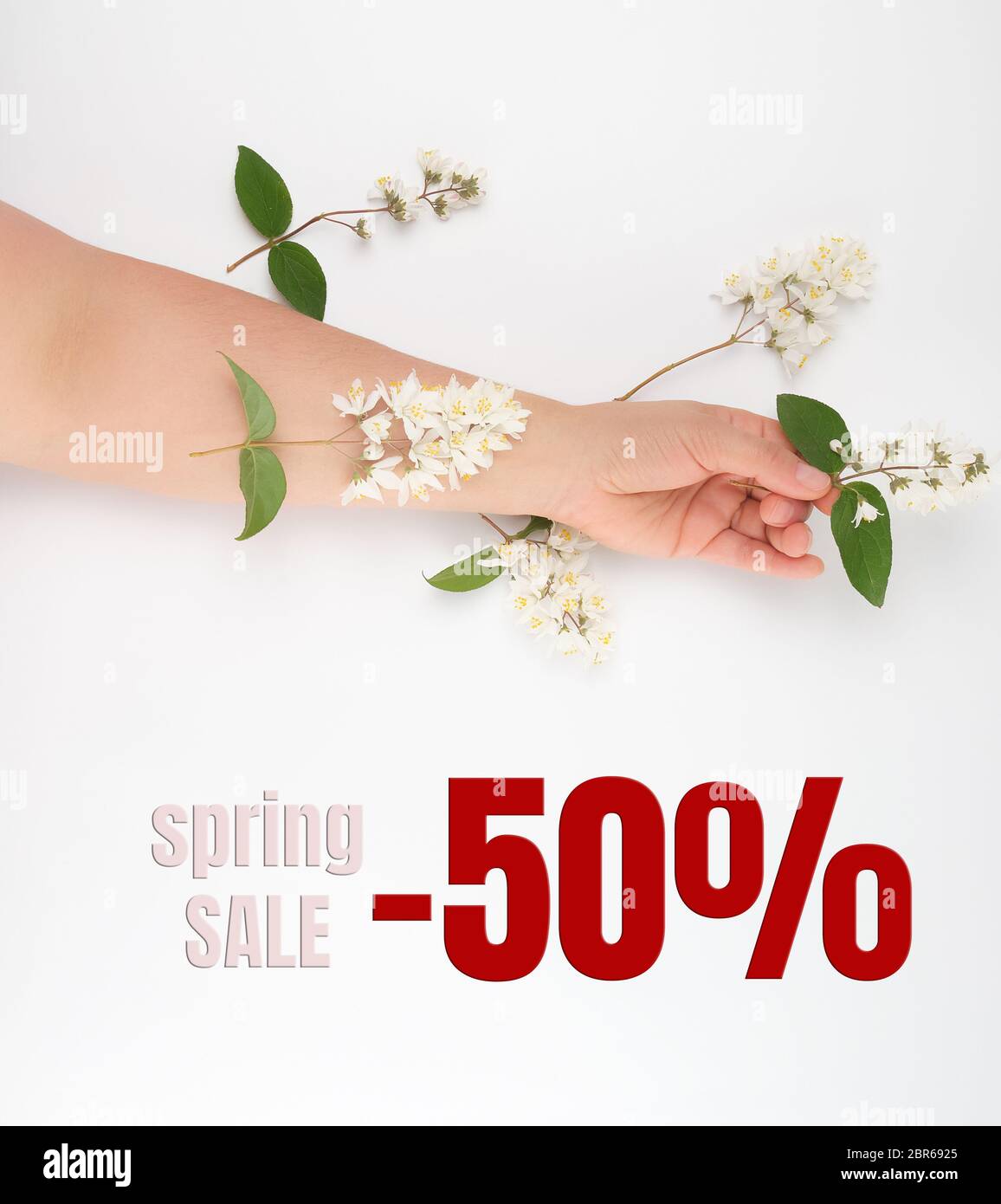 female hand and  small white flowers on a white background, fashionable concept spring sale Stock Photo