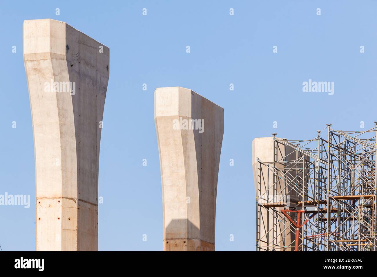 New Bridge construction concrete columns steel scaffolding supports on ...
