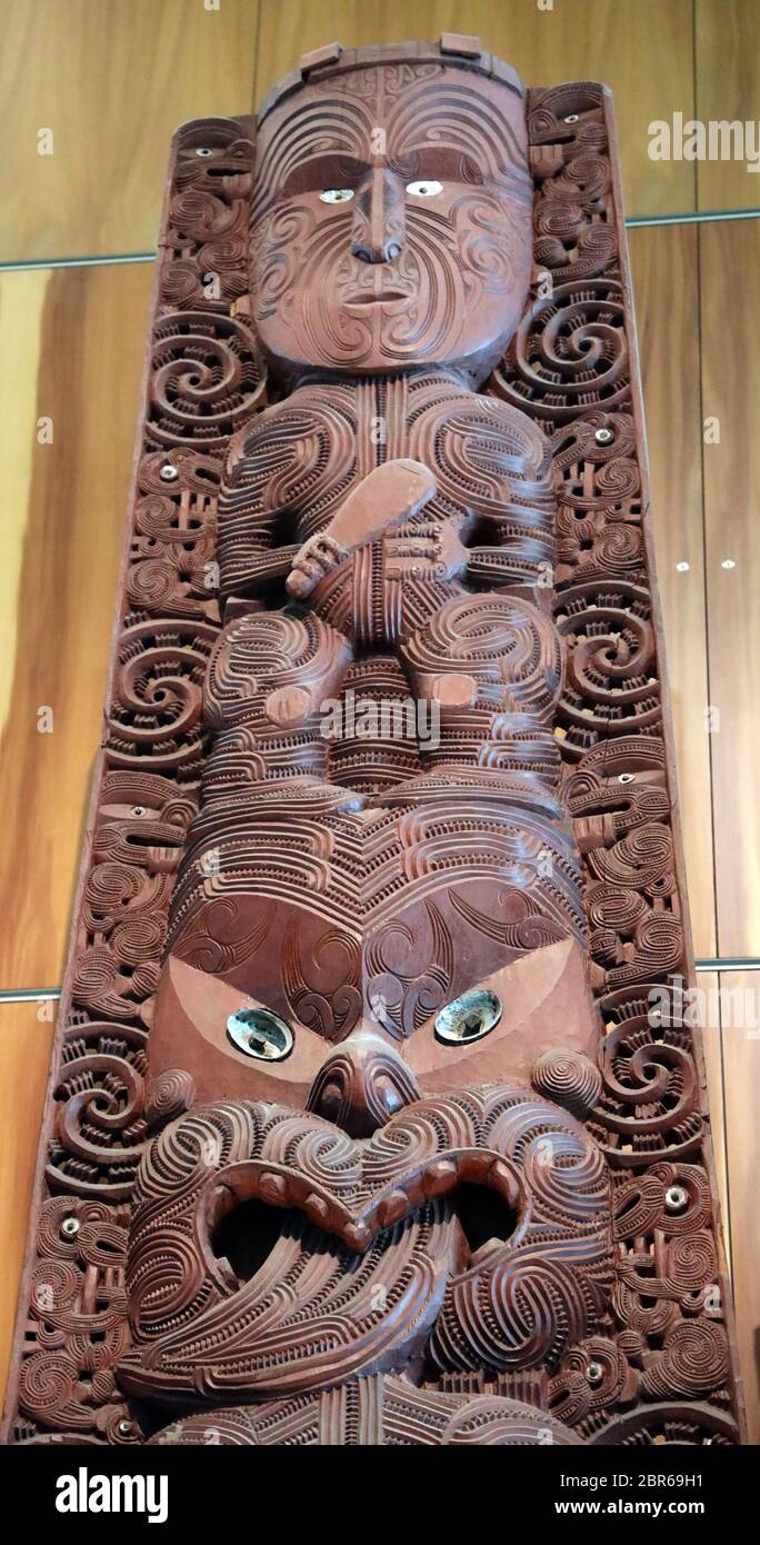 Maori carving, Maori art in Te Papa Museum, Wellington Harbour, North Island, New Zealand. Full frame. No people. Stock Photo