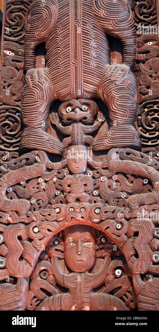 Maori carving, Maori art in Te Papa Museum, Wellington Harbour, North Island, New Zealand. Full frame. No people. Stock Photo