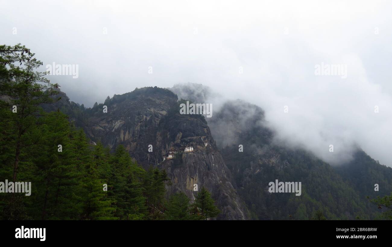The view of the tigers nest monastery from the base camp in Paro, Bhutan Stock Photo