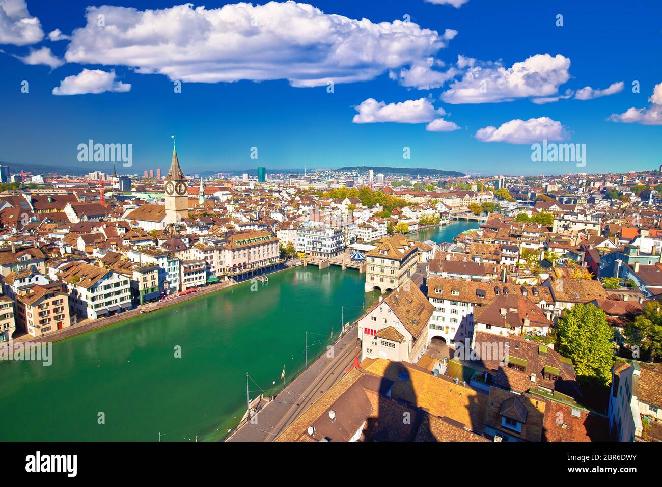 Zurich and Limmat river waterfront aerial view, largest city in