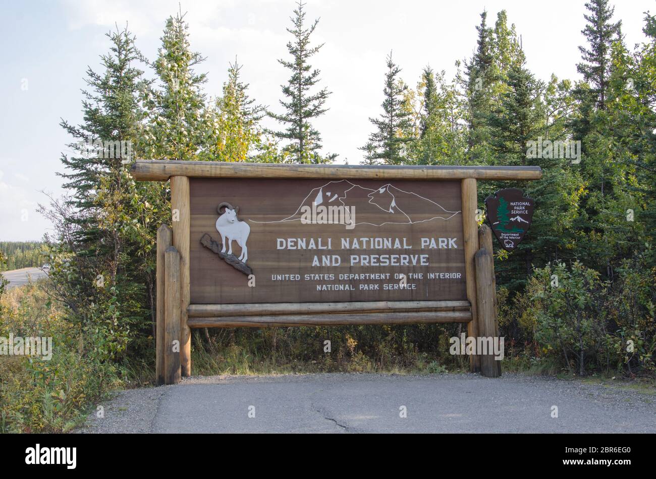 Denali National Park sign showing big horn sheep, Alaska, USA Stock Photo