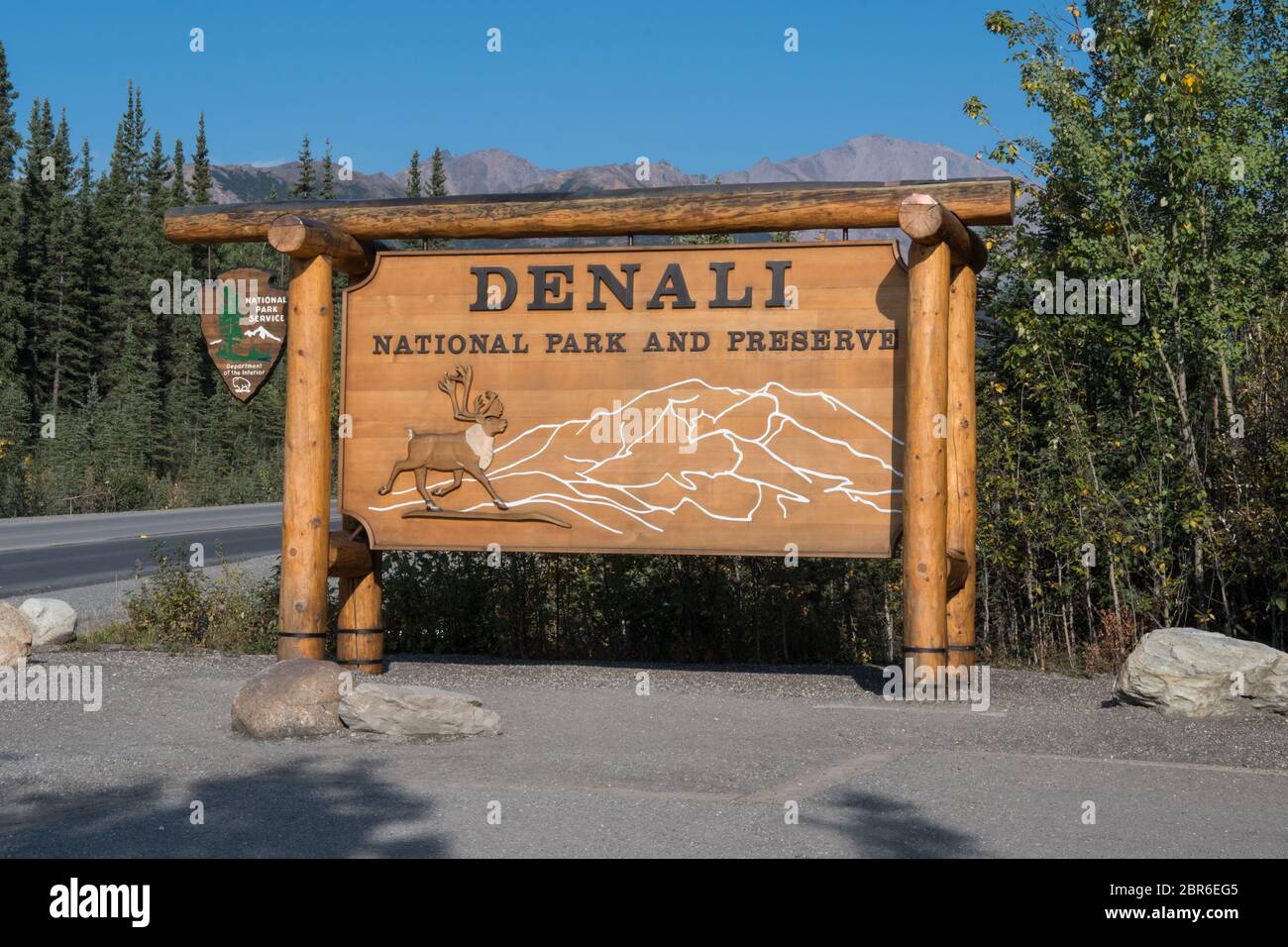 Denali National Park sign showing caribou, Alaska, USA Stock Photo