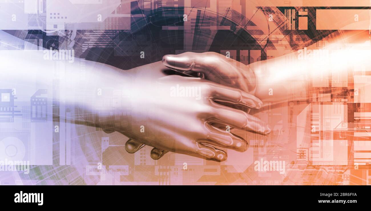 Human and Robot Hand System Integration Concept Art Stock Photo