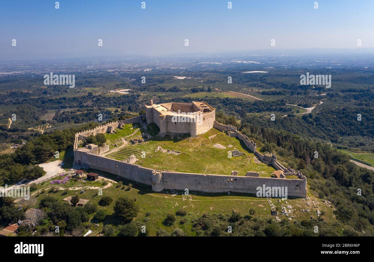 Village Kastro, Medieval Chlemoutsi ('Clermont') castle in Greece, Peloponnese, Kyllini-Andravida Stock Photo