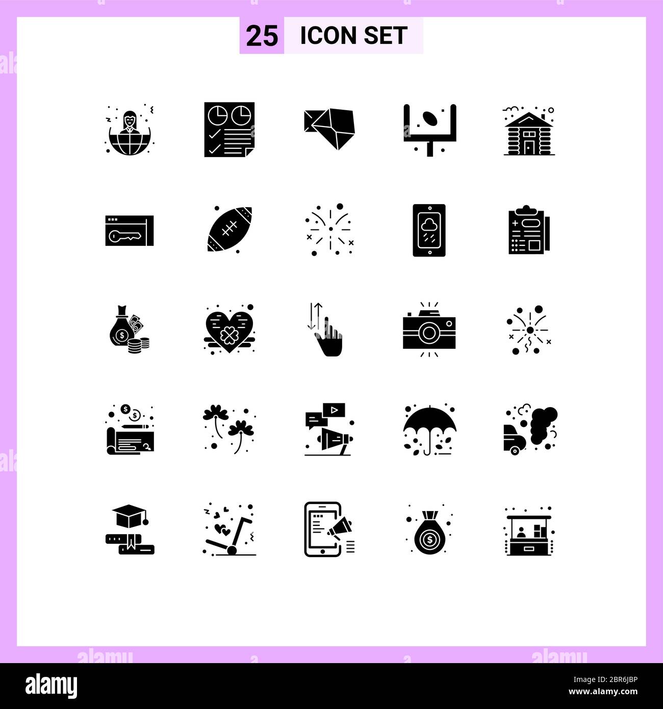 Group of 25 Modern Solid Glyphs Set for sport, football, two, field, open Editable Vector Design Elements Stock Vector