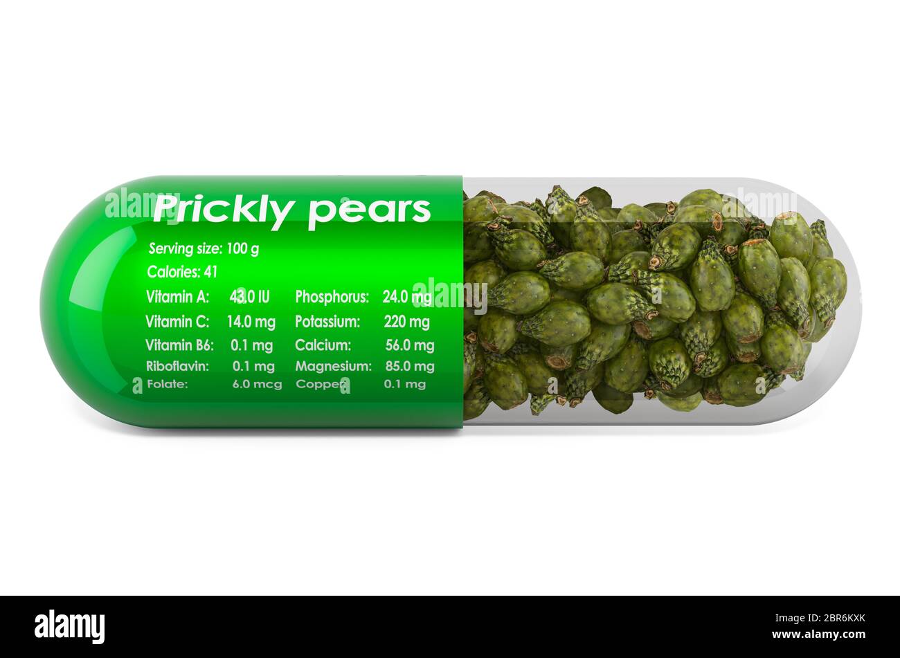 Cactus pear, vitamins and minerals composition in prickly pear. 3D