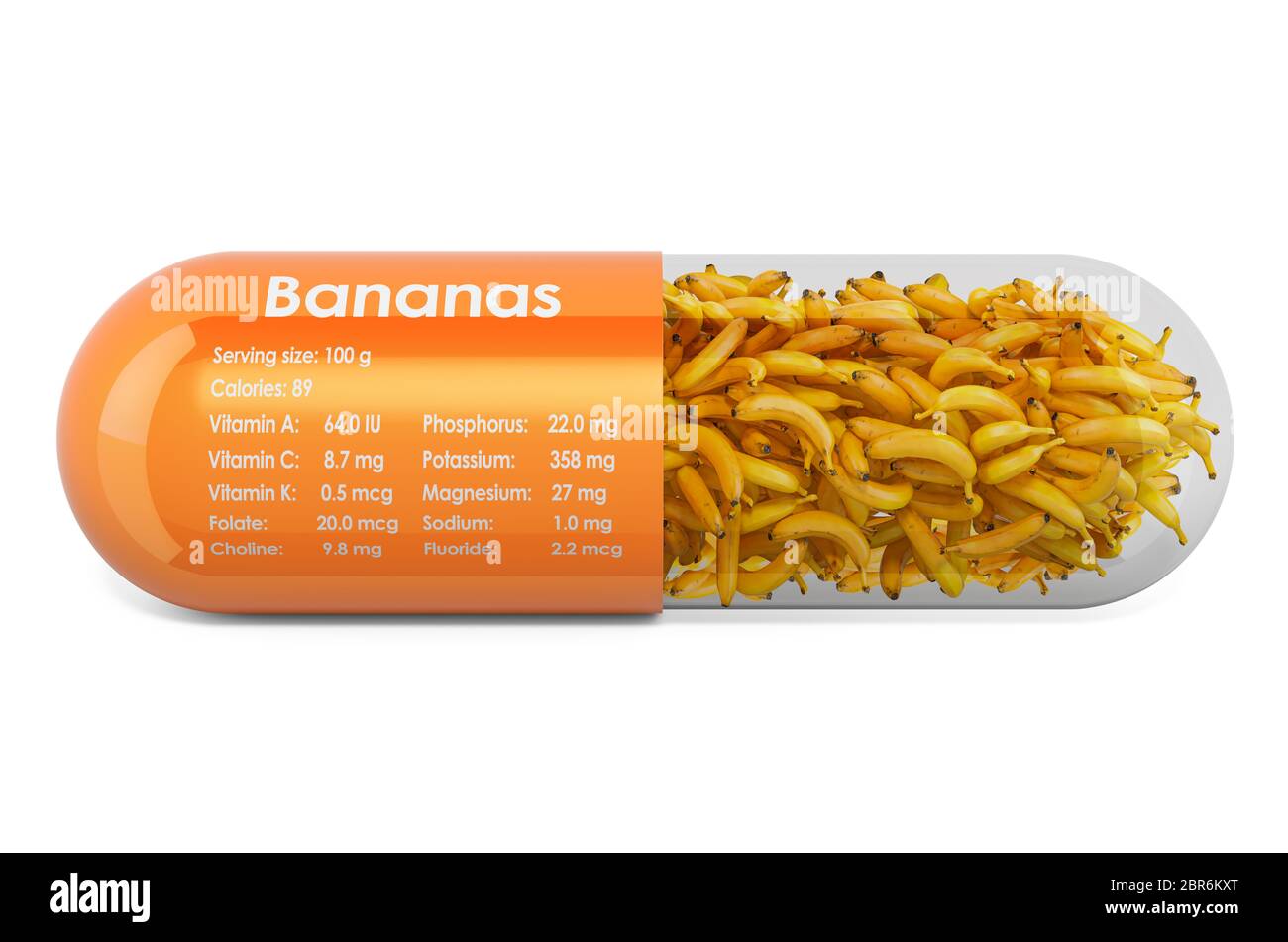Banana, vitamins and minerals composition in bananas. 3D rendering isolated on white background