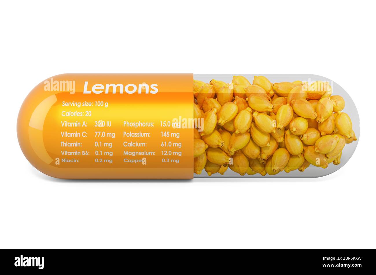 Lemon, vitamins and minerals composition in lemons. 3D rendering isolated on white background