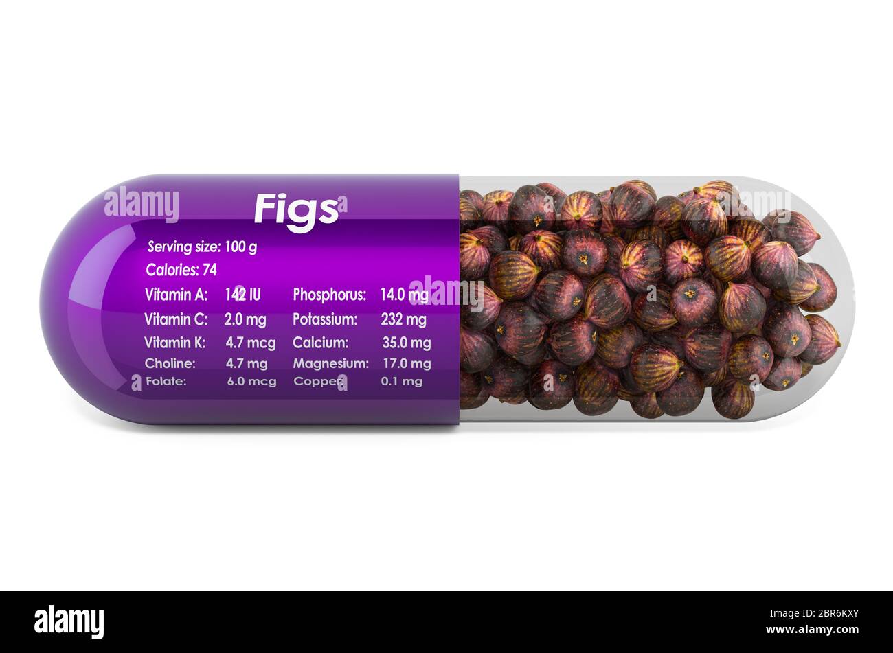 Common fig, vitamins and minerals composition in figs. 3D rendering