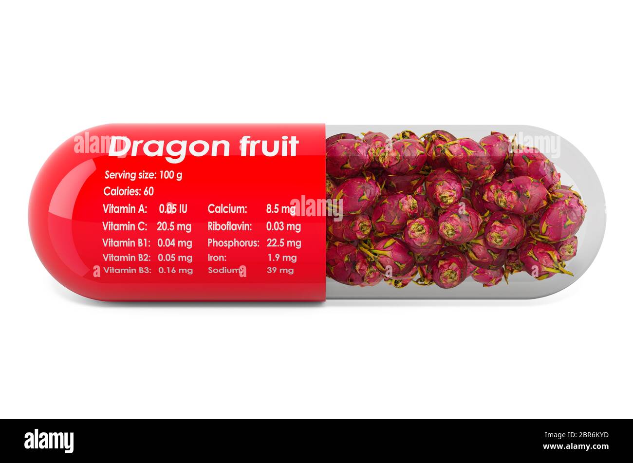 Pitaya, vitamins and minerals composition in dragon fruits. 3D rendering isolated on white background Stock Photo
