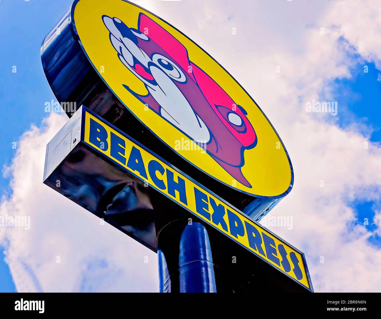 The Buc-ee’s sign greets visitors to the company’s travel center off Interstate 10 on the Baldwin Beach Expressway in Robertsdale, Alabama. Stock Photo