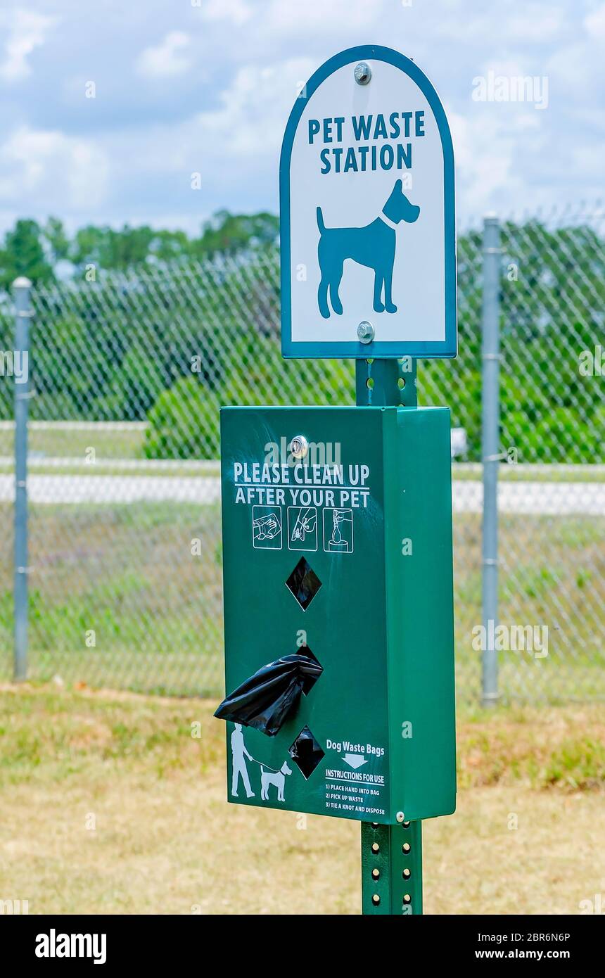 A pet waste station for dog owners is available at Buc-ee’s travel center off Interstate 10 on the Baldwin Beach Expressway in Robertsdale, Alabama. Stock Photo