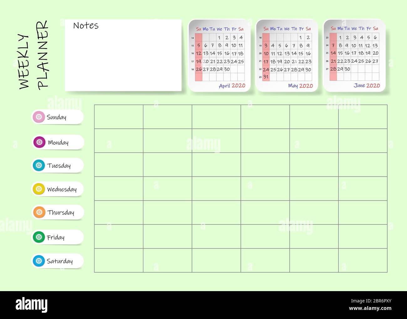 Calendar for second quarter of 2020 year with weekly planner chart and